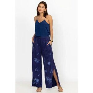 NWOT Johnny Was Wide Leg Embroidered Floral Pants Size L Blue Elastic waist